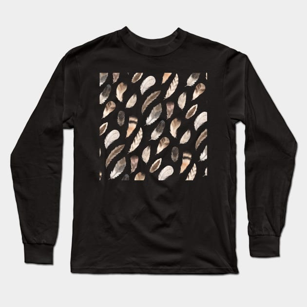 Brown Watercolor Feathers Long Sleeve T-Shirt by CeeGunn